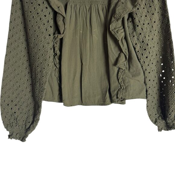 Maje Linode Olive Green Ruffled Eyelet Long Sleeve Top Size Small - Picture 7 of 12